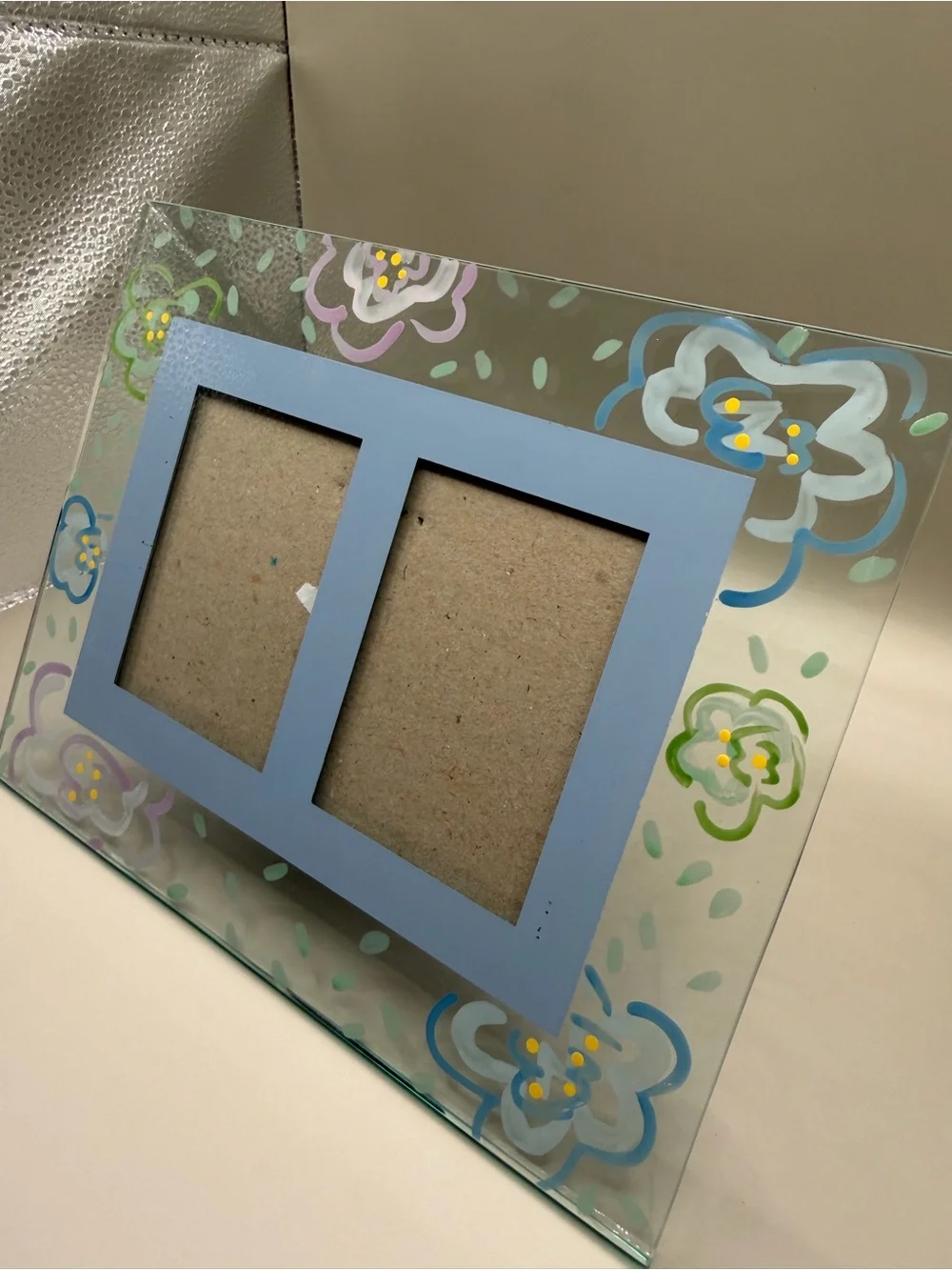 Vintage Burnes of Boston Hand Painted Floral Double Glass Photo Frame